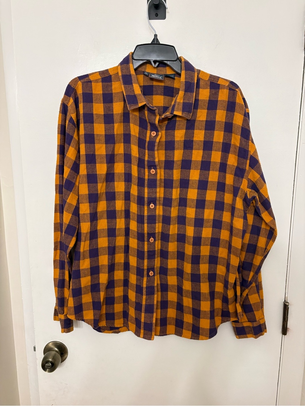 Woolrich Flannel Plaid Button Up Shirt Ochre Yellow Navy Buffalo Check Womens XL